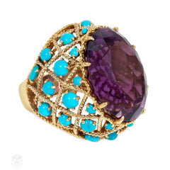 French Mid-Century amethyst and turquoise cocktail ring