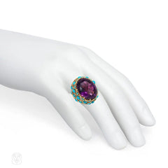 French Mid-Century amethyst and turquoise cocktail ring