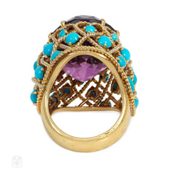 French Mid-Century amethyst and turquoise cocktail ring