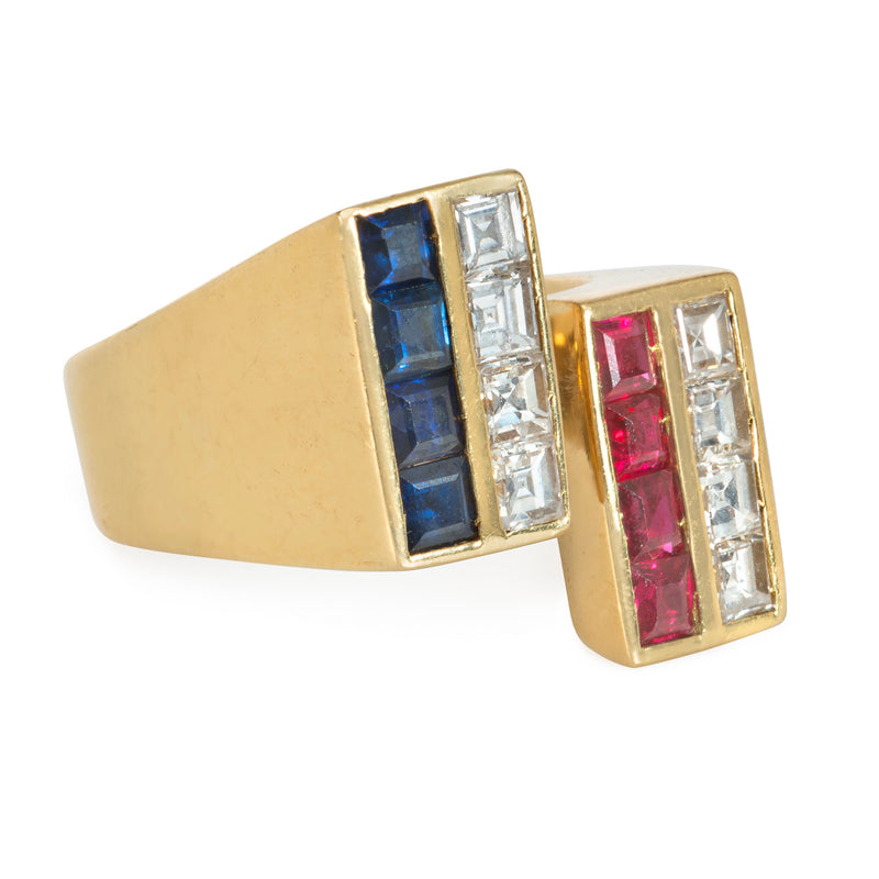 Cartier 1970s geometric ruby, sapphire, and diamond ring