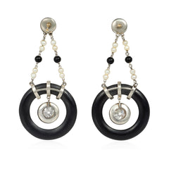 Unsigned Marsh & Co. Art Deco blackened steel, diamond and pearl hoop earrings