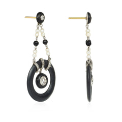 Unsigned Marsh & Co. Art Deco blackened steel, diamond and pearl hoop earrings