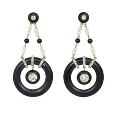 Unsigned Marsh & Co. Art Deco blackened steel, diamond and pearl hoop earrings