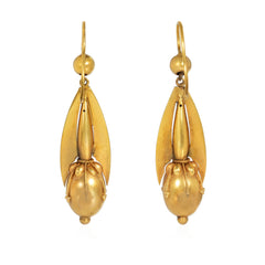 Antique Etruscan-style gold earrings of torpedo design with applied wirework