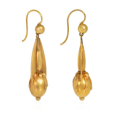 Antique Etruscan-style gold earrings of torpedo design with applied wirework