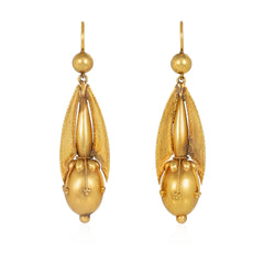 Antique Etruscan-style gold earrings of torpedo design with applied wirework