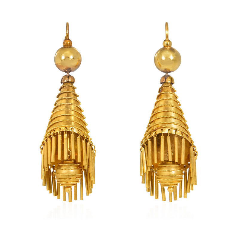 Antique Etruscan Revival earring of ball tops suspending a fringed cone