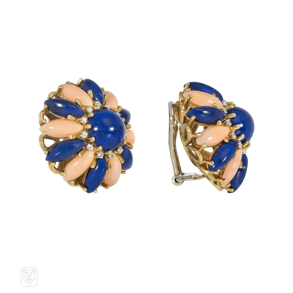 Mid-Century Italian angel skin coral and lapis earrings