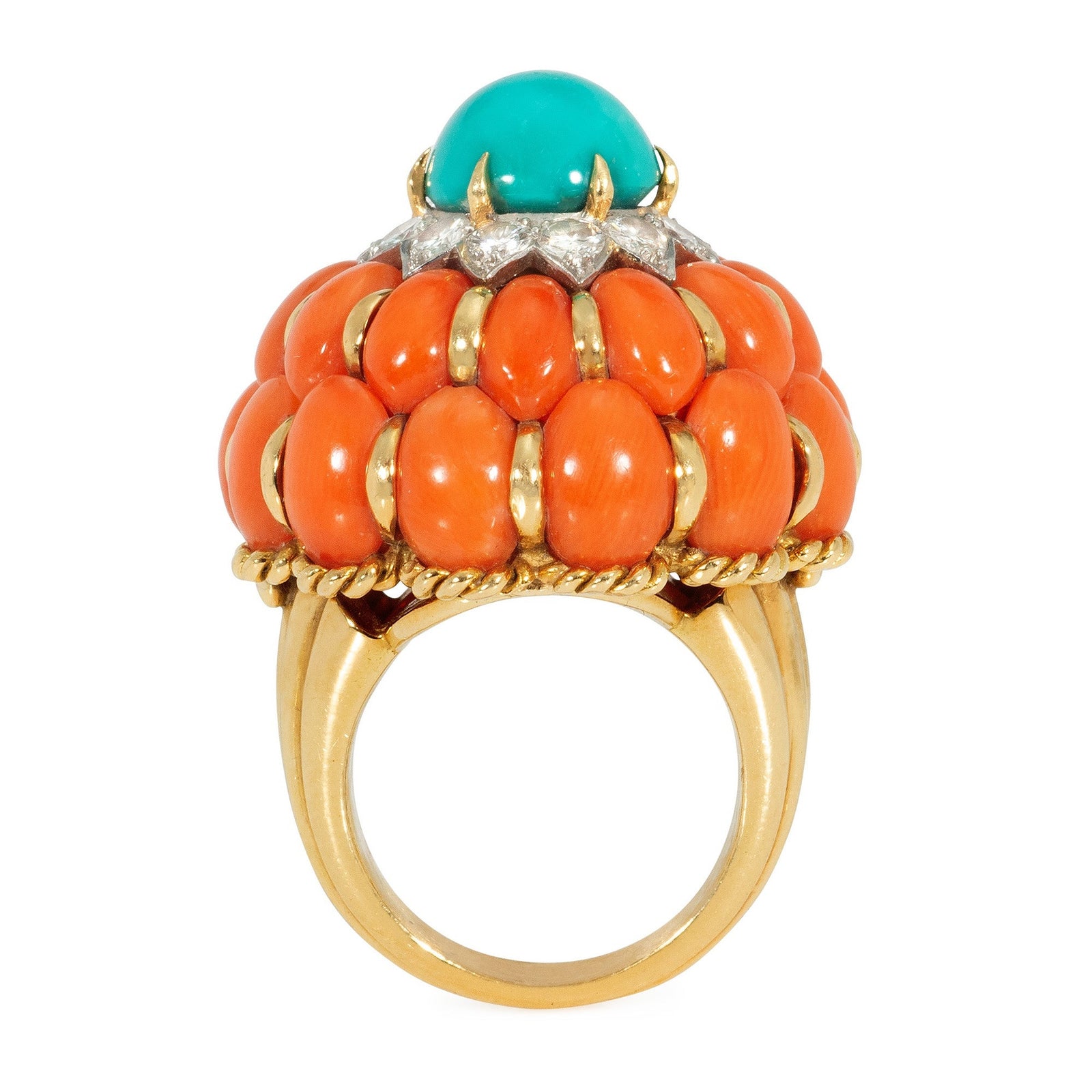 Mid-Century coral and turquoise cocktail ring