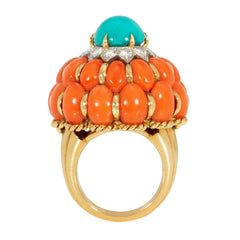 Mid-Century coral and turquoise cocktail ring