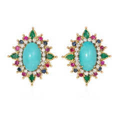 Mid-Century turquoise and multi-gem earrings