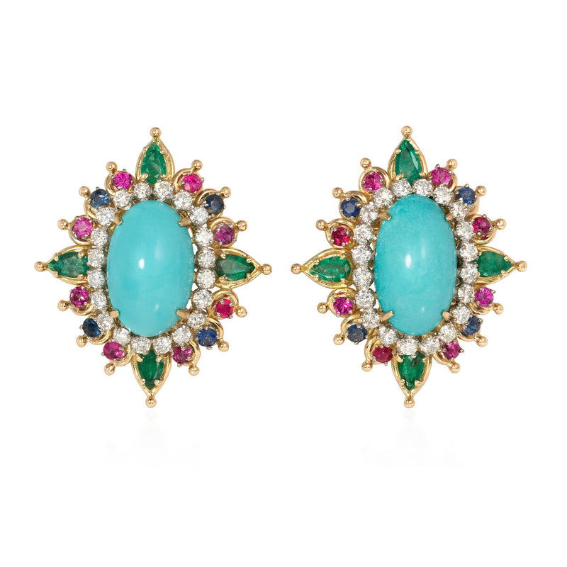 Mid-Century turquoise and multi-gem earrings