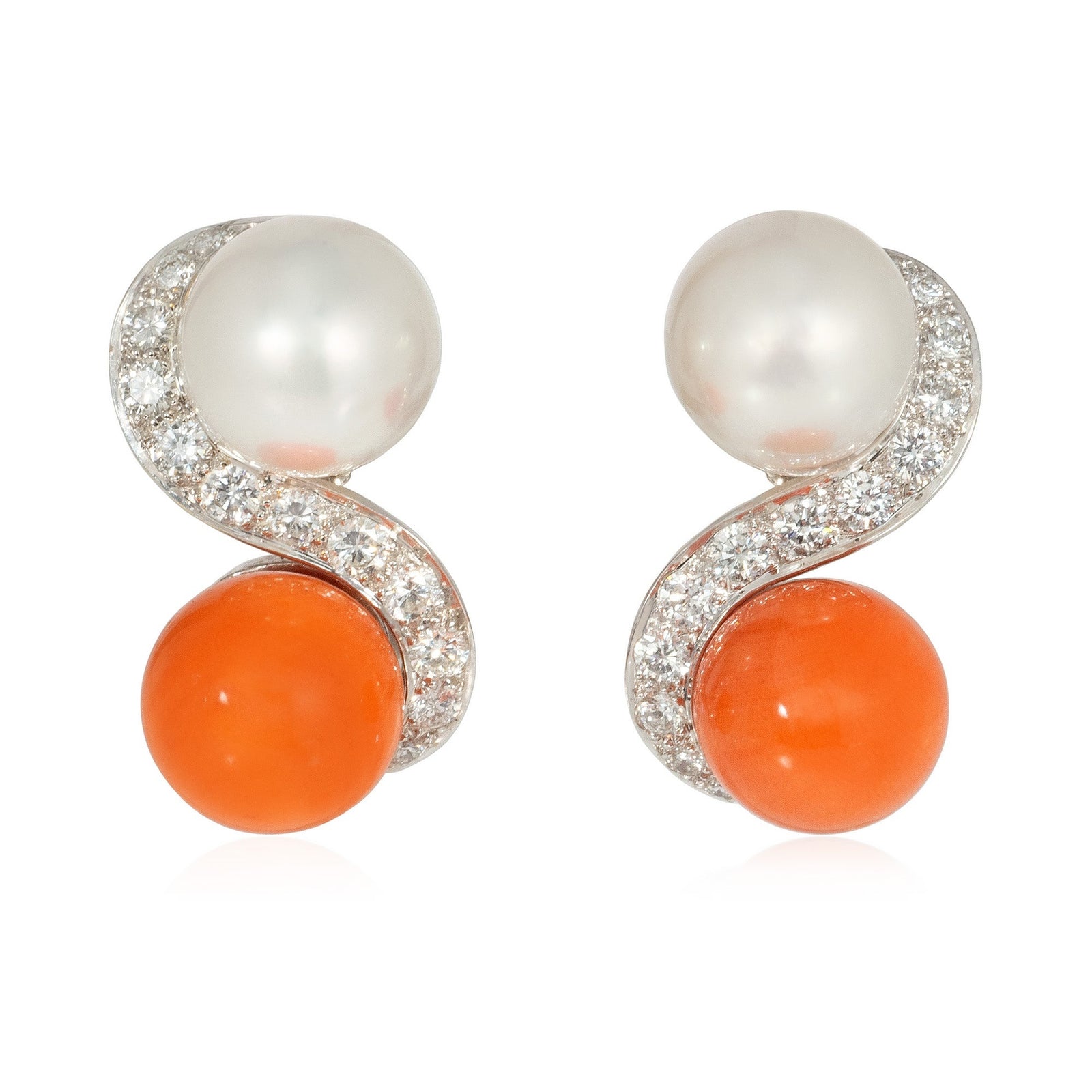 Mid-century toi et moi pearl, coral, and diamond earrings