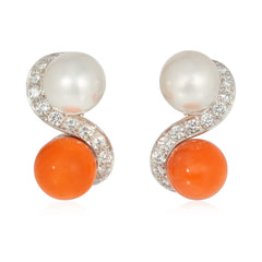 Mid-century toi et moi pearl, coral, and diamond earrings