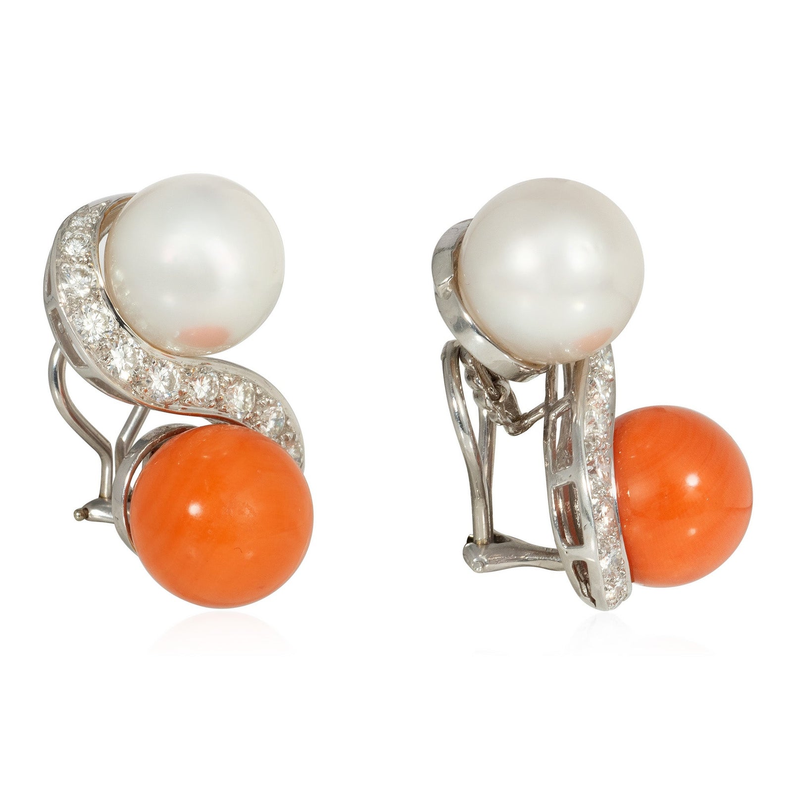 Mid-century toi et moi pearl, coral, and diamond earrings