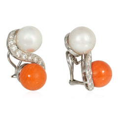 Mid-century toi et moi pearl, coral, and diamond earrings