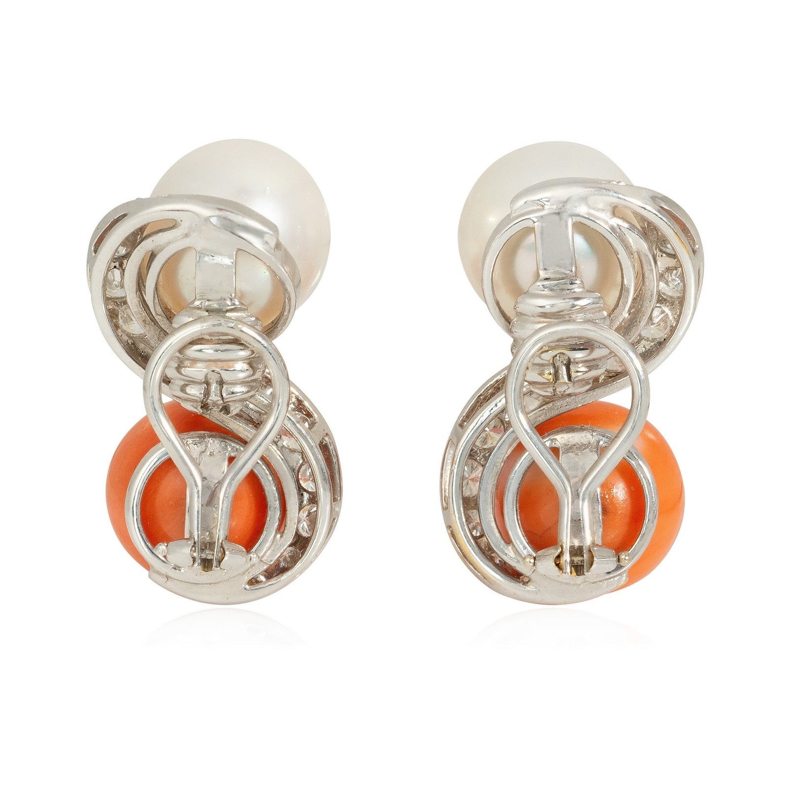 Mid-century toi et moi pearl, coral, and diamond earrings