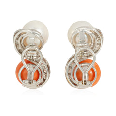 Mid-century toi et moi pearl, coral, and diamond earrings