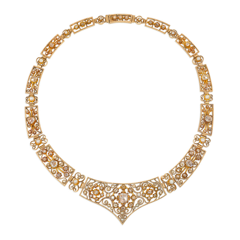 Antique Portuguese diamond, gold, and pearl necklace