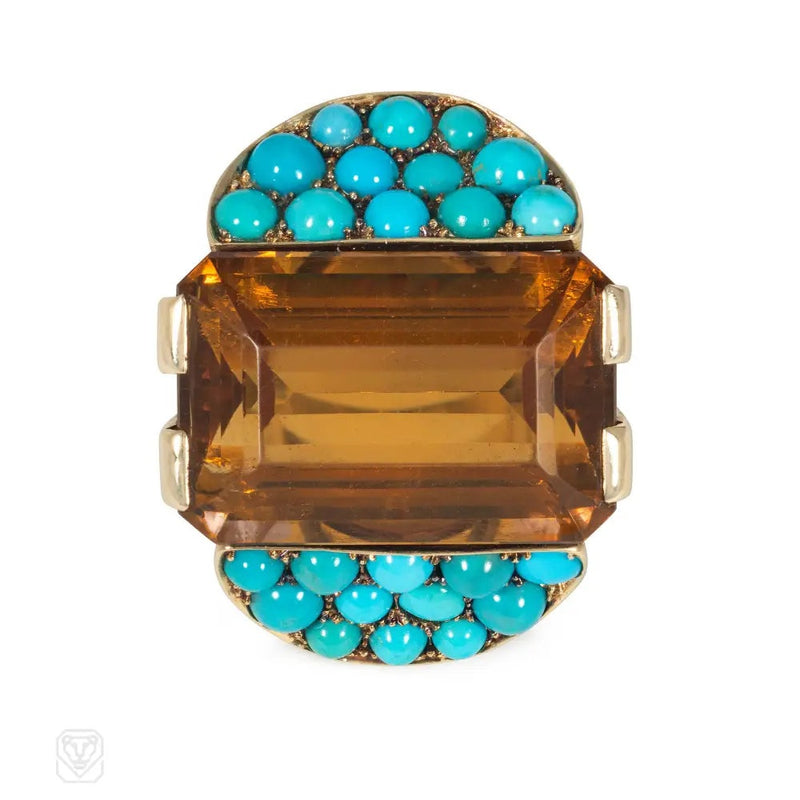 Retro citrine and turquoise cocktail ring
