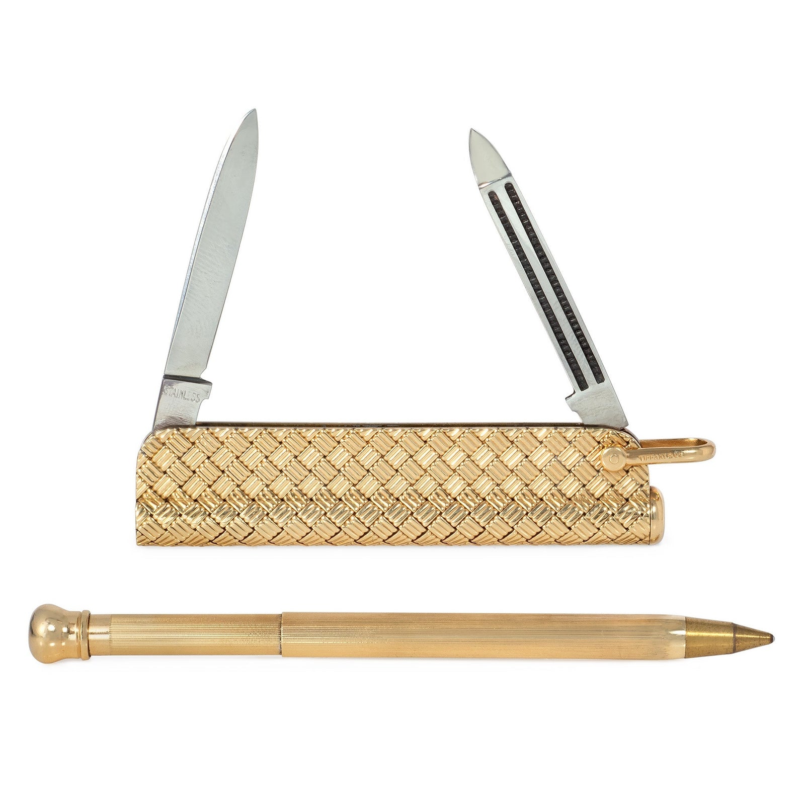 Tiffany Retro gold basket weave pen and knife pendant