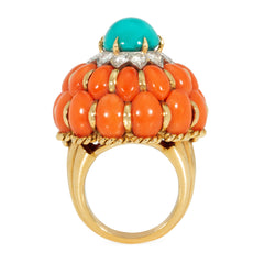 Mid-Century coral and turquoise cocktail ring