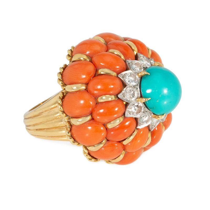 Mid-Century coral and turquoise cocktail ring
