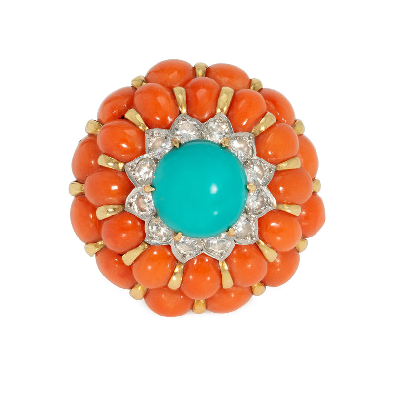 Mid-Century coral and turquoise cocktail ring