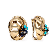 Retro gold, turquoise, sapphire, and diamond earrings
