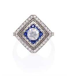 Edwardian diamond, sapphire, and filigree platinum ring