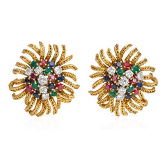 Mid-century gold and gemset stylized flower earrings