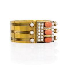 Antique gold, coral, and enamel plaque bracelet