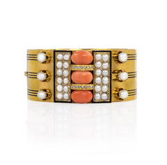 Antique gold, coral, and enamel plaque bracelet