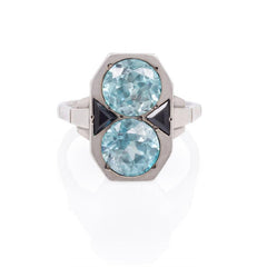 Art Deco blue zircon and onyx ring