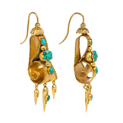 Antique gold and turquoise earrings of scrolling design
