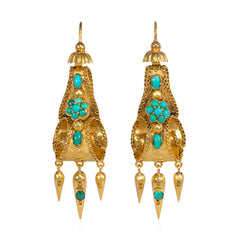 Antique gold and turquoise earrings of scrolling design