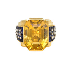 Retro gold citrine and sapphire cocktail ring