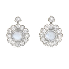 White gold, diamond, and moonstone cluster design earrings