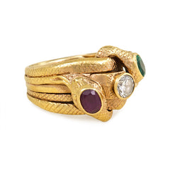 Antique gold and multi-gemstone double snake ring
