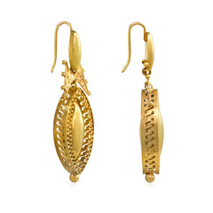 Antique gold Etruscan revival earrings with navette-shaped pendants