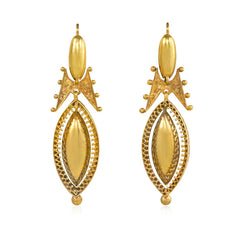 Antique gold Etruscan revival earrings with navette-shaped pendants