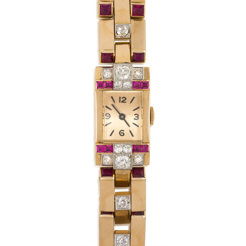 Retro gold, diamond, and ruby watch
