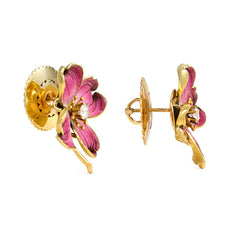 Retro pink enamel and diamond flower earrings