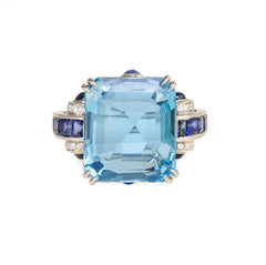 Retro diamond, sapphire and aquamarine ring