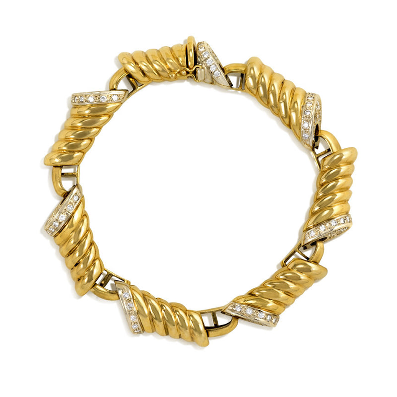 Italian 1970s gold and diamond oblong ribbed link bracelet