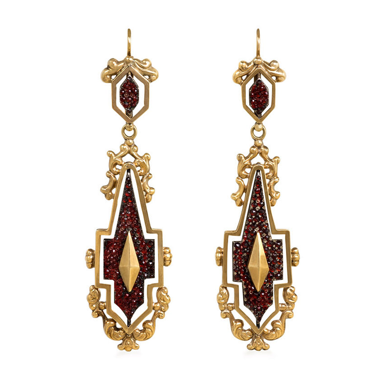 Antique day-to-night gold, garnet and steel earrings