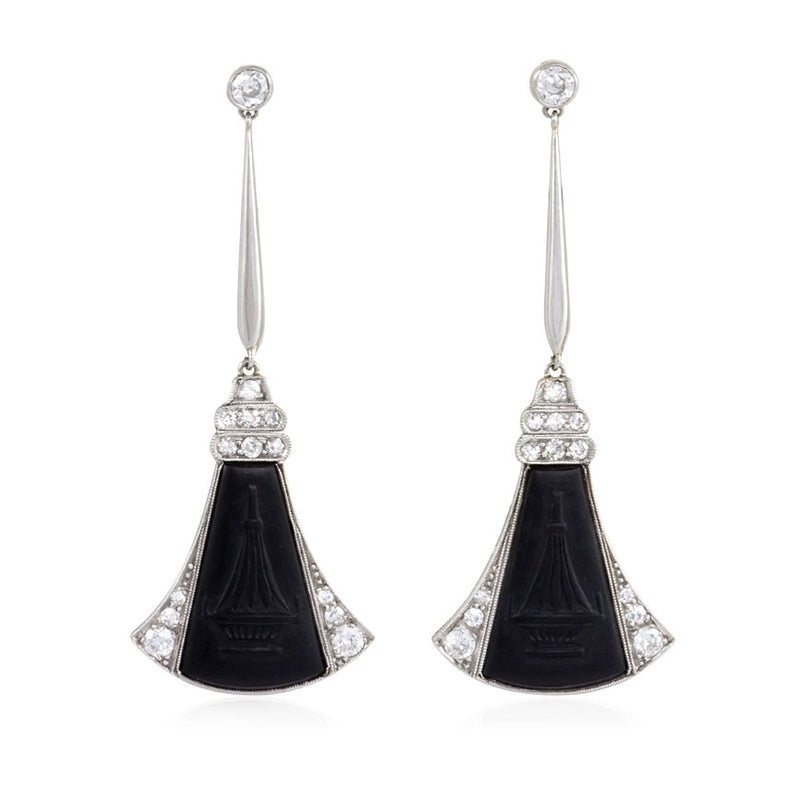 Art Deco carved onyx and diamond earrings