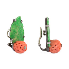 Art Deco jade and coral clip earrings