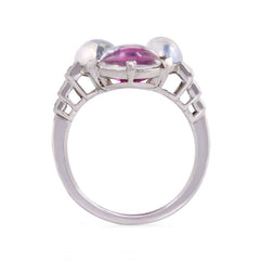 Art Deco moonstone, ruby, and diamond ring.
