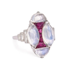 Art Deco moonstone, ruby, and diamond ring.